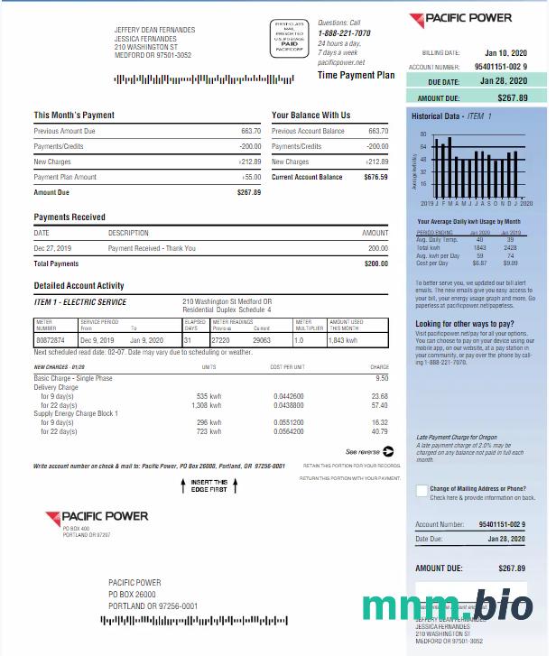 USA PACIFIC POWER rachunek za media Word i szablon PDF